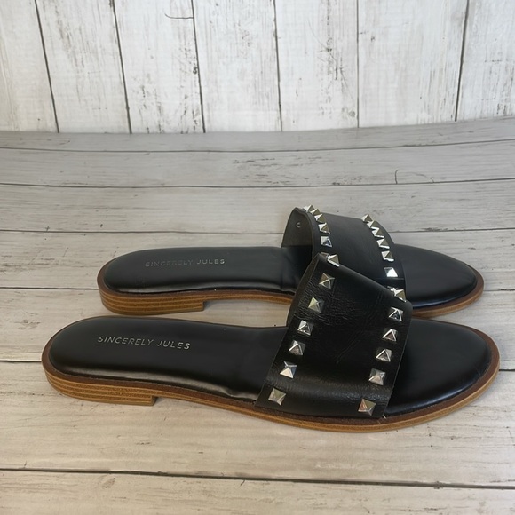 Sincerely Jules Black Silver Studded Slip On Slide Sandals - Picture 10 of 11